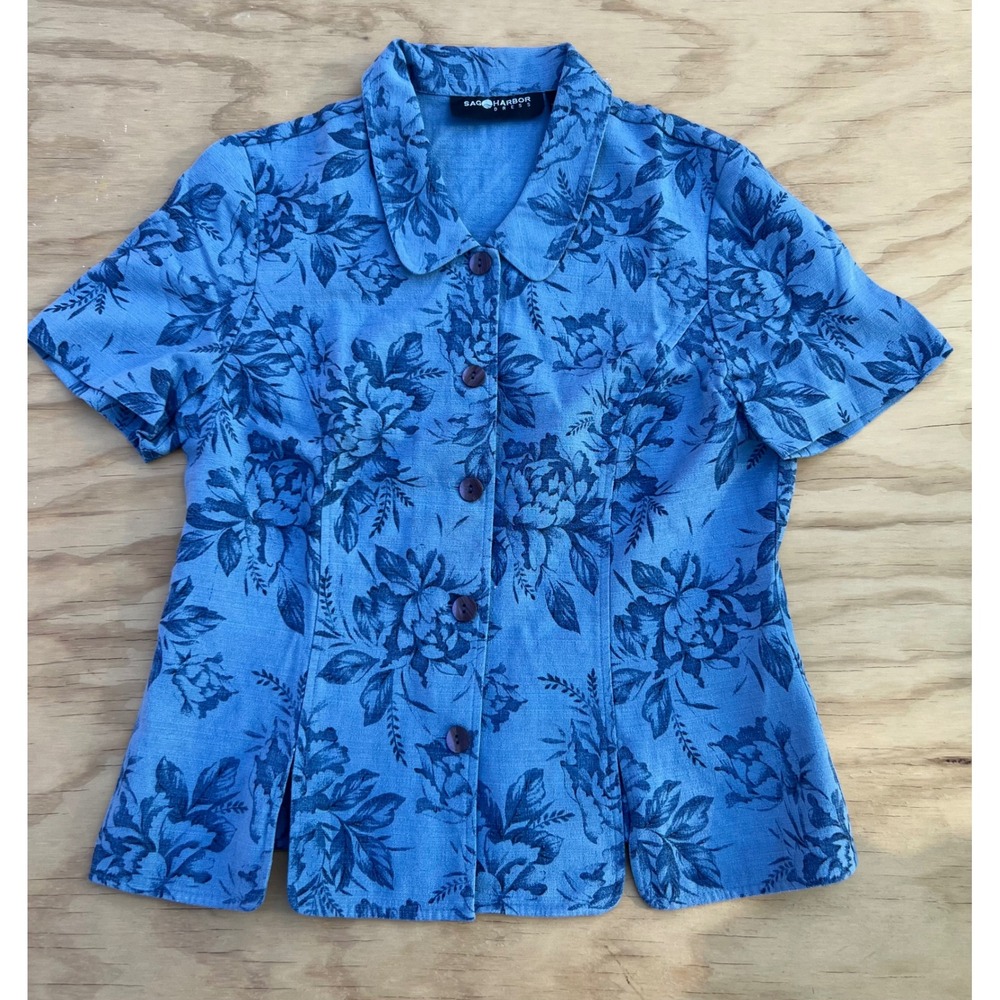 Sag Harbor Dress Blue Floral Button Up Short Sleeve Blouse Top Sz 12 20-42022